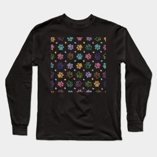 Colorful doodle paw prints with hearts Long Sleeve T-Shirt